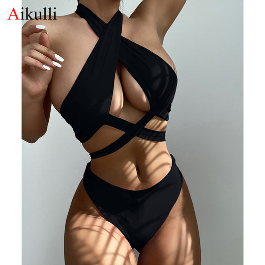 Sexy Halter Hollow Cross Bikinis Set Swimsuit Women's 2022 New Solid Two-Piece Swimwear Summer Beachwear Woman Bath Bathing Suit