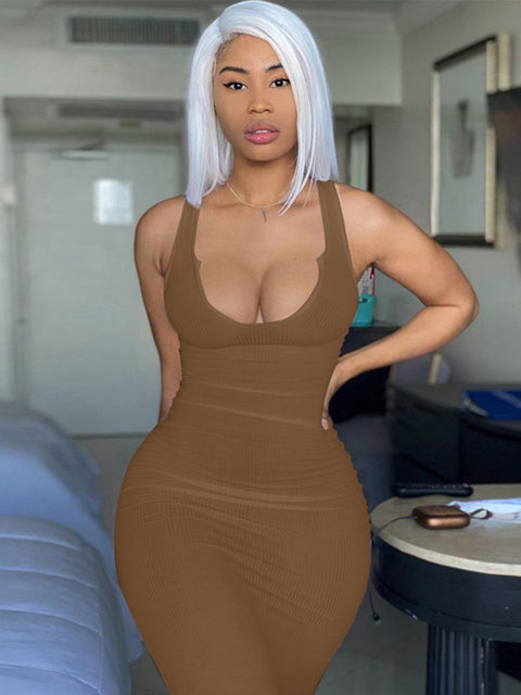 Hugcitar 2021 Sleeveless Solid Square Collar Ribbed Skinny Maxi Dress Spring Summer Women Fashion Sexy Streetwear Lounghe Wear