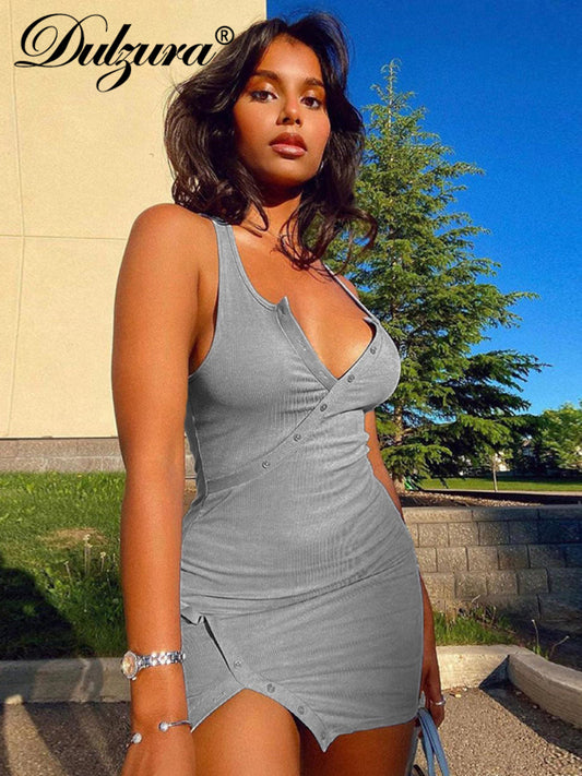 Dulzura Ribbed Women Solid Sleeveless Buttons Patchwork Mini Dress V Neck Slit Bodycon Sexy Streetwear Party Casual 2022 Summer