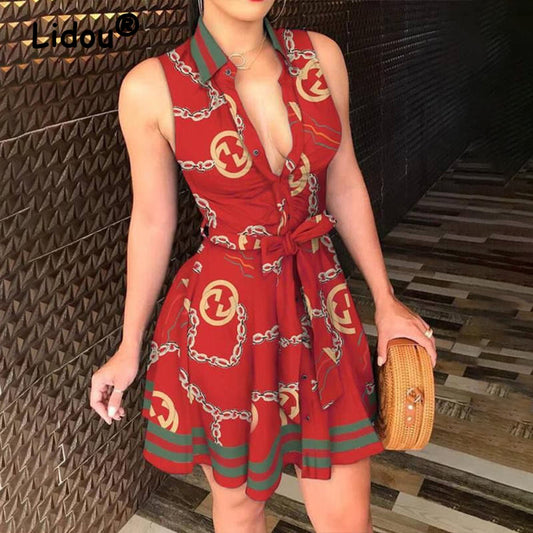 Summer 2022 Women's Office Lady Clothing Temperament Multicolor Printing Lacing Sleeveless Luxury Slim Button Striped Midi Dress