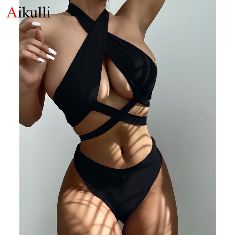 Sexy Halter Hollow Cross Bikinis Set Swimsuit Women&#39;s 2022 New Solid Two-Piece Swimwear Summer Beachwear Woman Bath Bathing Suit
