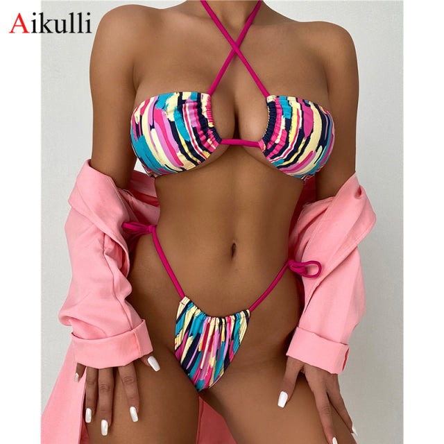 Sexy Halter Hollow Cross Bikinis Set Swimsuit Women&#39;s 2022 New Solid Two-Piece Swimwear Summer Beachwear Woman Bath Bathing Suit