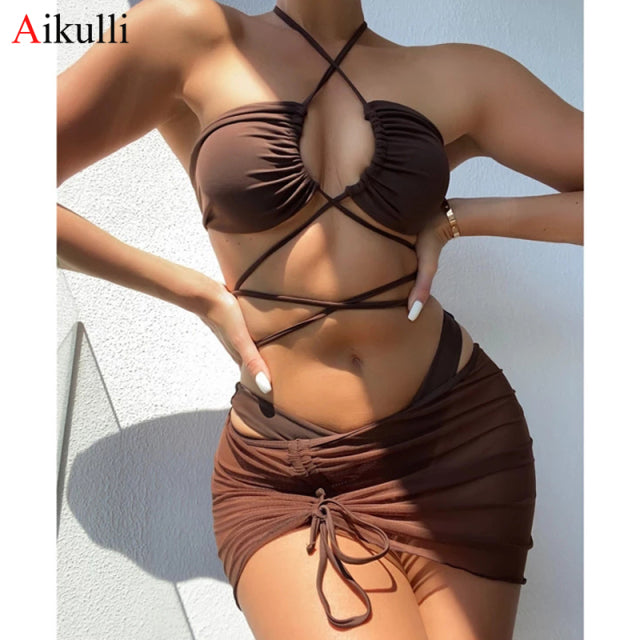 Sexy Halter Hollow Cross Bikinis Set Swimsuit Women&#39;s 2022 New Solid Two-Piece Swimwear Summer Beachwear Woman Bath Bathing Suit