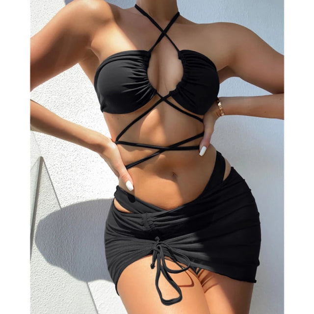 Sexy Halter Hollow Cross Bikinis Set Swimsuit Women&#39;s 2022 New Solid Two-Piece Swimwear Summer Beachwear Woman Bath Bathing Suit