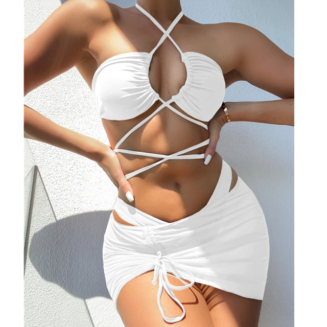 Sexy Halter Hollow Cross Bikinis Set Swimsuit Women&#39;s 2022 New Solid Two-Piece Swimwear Summer Beachwear Woman Bath Bathing Suit