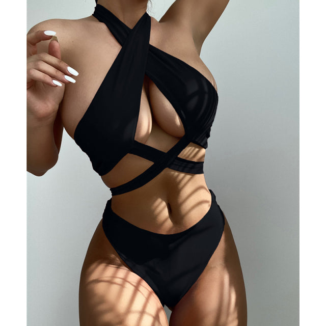 Sexy Halter Hollow Cross Bikinis Set Swimsuit Women&#39;s 2022 New Solid Two-Piece Swimwear Summer Beachwear Woman Bath Bathing Suit