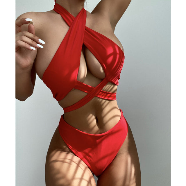Sexy Halter Hollow Cross Bikinis Set Swimsuit Women&#39;s 2022 New Solid Two-Piece Swimwear Summer Beachwear Woman Bath Bathing Suit