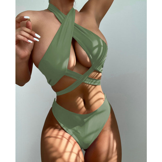 Sexy Halter Hollow Cross Bikinis Set Swimsuit Women&#39;s 2022 New Solid Two-Piece Swimwear Summer Beachwear Woman Bath Bathing Suit