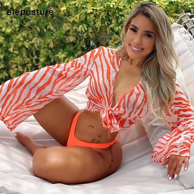 2022 Sexy Three Pieces Bikini Set Bell Sleeve Bikini Cover Up Swimwear Women Swimsuit Print Bathing Suit Beachwear Swimming Suit