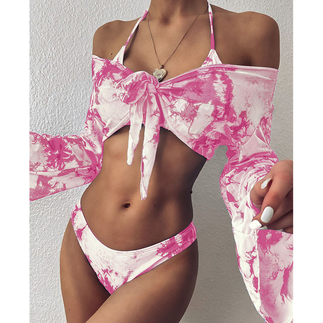 2022 Sexy Three Pieces Bikini Set Bell Sleeve Bikini Cover Up Swimwear Women Swimsuit Print Bathing Suit Beachwear Swimming Suit