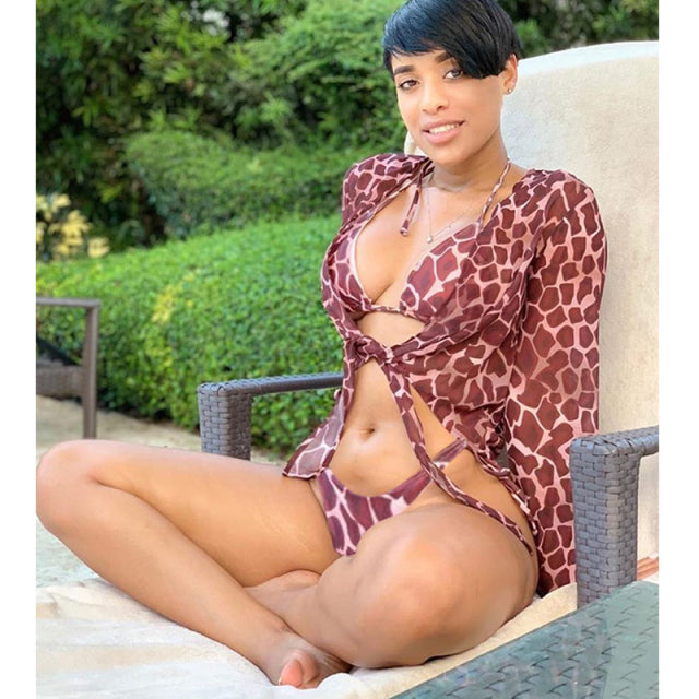 2022 Sexy Three Pieces Bikini Set Bell Sleeve Bikini Cover Up Swimwear Women Swimsuit Print Bathing Suit Beachwear Swimming Suit