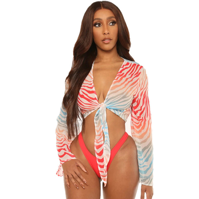 2022 Sexy Three Pieces Bikini Set Bell Sleeve Bikini Cover Up Swimwear Women Swimsuit Print Bathing Suit Beachwear Swimming Suit