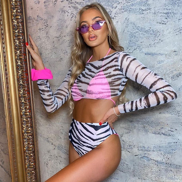 2022 Sexy Three Pieces Bikini Set Bell Sleeve Bikini Cover Up Swimwear Women Swimsuit Print Bathing Suit Beachwear Swimming Suit