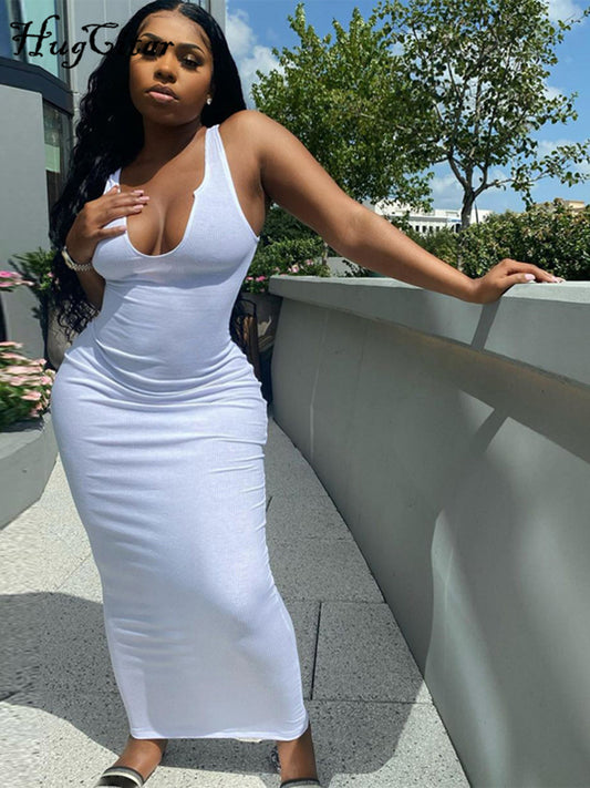 Hugcitar 2021 Sleeveless Solid Square Collar Ribbed Skinny Maxi Dress Spring Summer Women Fashion Sexy Streetwear Lounghe Wear