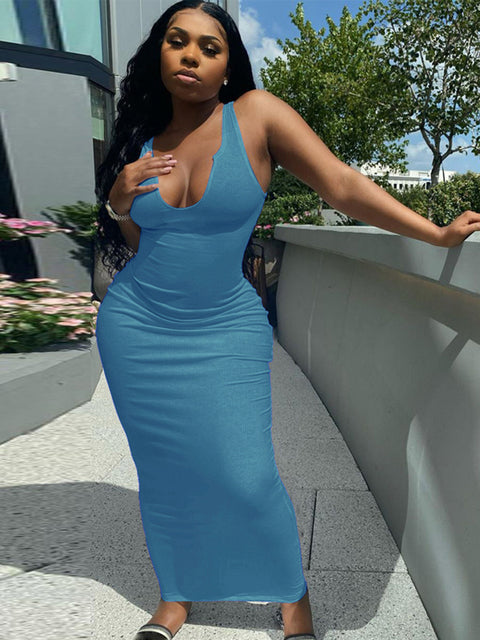 Hugcitar 2021 Sleeveless Solid Square Collar Ribbed Skinny Maxi Dress Spring Summer Women Fashion Sexy Streetwear Lounghe Wear