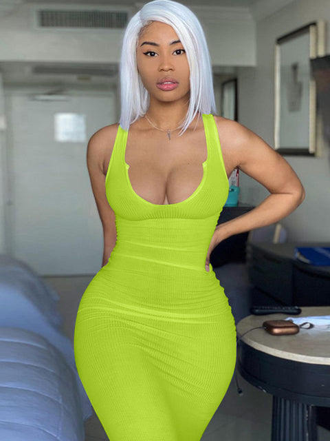 Hugcitar 2021 Sleeveless Solid Square Collar Ribbed Skinny Maxi Dress Spring Summer Women Fashion Sexy Streetwear Lounghe Wear