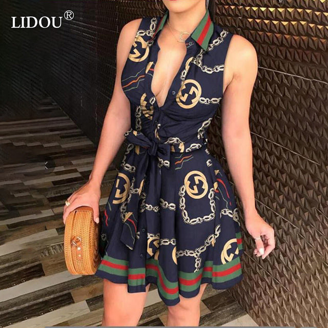 Summer 2022 Women&#39;s Office Lady Clothing Temperament Multicolor Printing Lacing Sleeveless Luxury Slim Button Striped Midi Dress