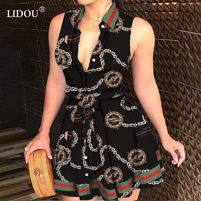 Summer 2022 Women&#39;s Office Lady Clothing Temperament Multicolor Printing Lacing Sleeveless Luxury Slim Button Striped Midi Dress