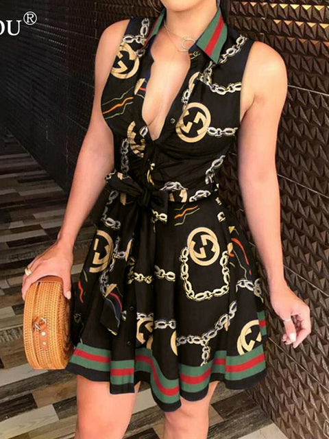 Summer 2022 Women&#39;s Office Lady Clothing Temperament Multicolor Printing Lacing Sleeveless Luxury Slim Button Striped Midi Dress