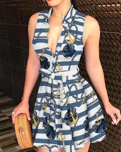 Summer 2022 Women&#39;s Office Lady Clothing Temperament Multicolor Printing Lacing Sleeveless Luxury Slim Button Striped Midi Dress