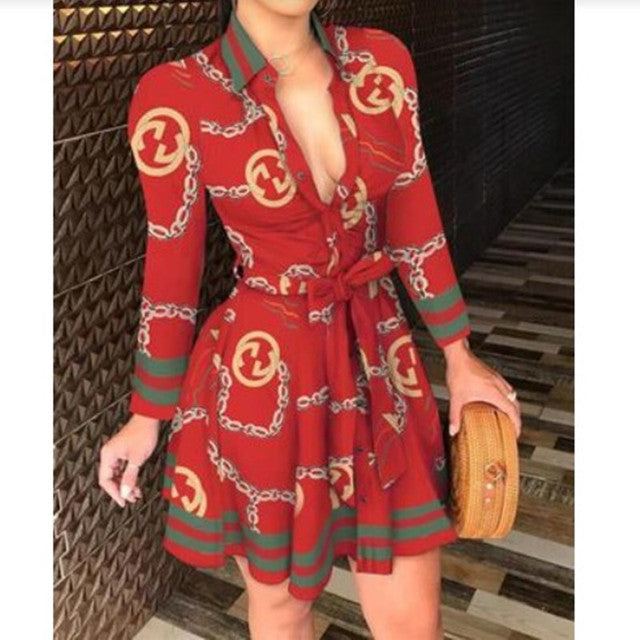 Y2K V-neck sexy dress 2022 European and American summer new chain long-sleeved V-neck lace fashion sexy print dress ins tide