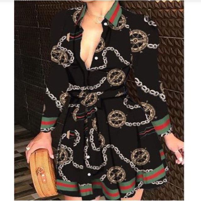 Y2K V-neck sexy dress 2022 European and American summer new chain long-sleeved V-neck lace fashion sexy print dress ins tide