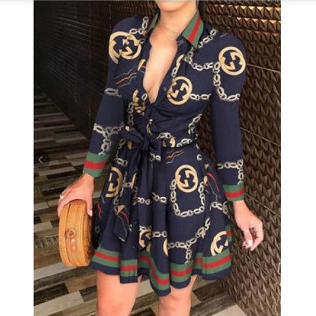 Y2K V-neck sexy dress 2022 European and American summer new chain long-sleeved V-neck lace fashion sexy print dress ins tide