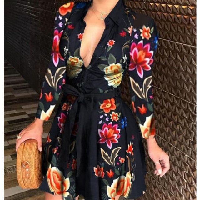 Y2K V-neck sexy dress 2022 European and American summer new chain long-sleeved V-neck lace fashion sexy print dress ins tide