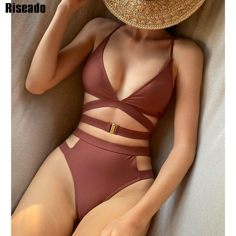 Riseado High Waist Women&#39;s Bikini Sexy Cut Out Swimsuit Solid Women Swimwear 2022 V-neck Bathing Suit Buckle Decor Biquinis Set