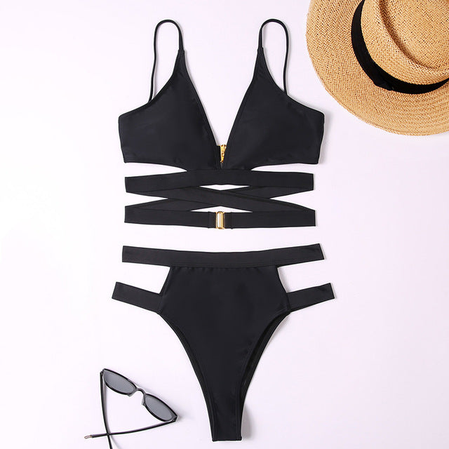 Riseado High Waist Women&#39;s Bikini Sexy Cut Out Swimsuit Solid Women Swimwear 2022 V-neck Bathing Suit Buckle Decor Biquinis Set