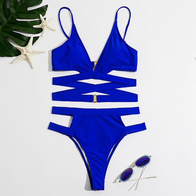 Riseado High Waist Women&#39;s Bikini Sexy Cut Out Swimsuit Solid Women Swimwear 2022 V-neck Bathing Suit Buckle Decor Biquinis Set
