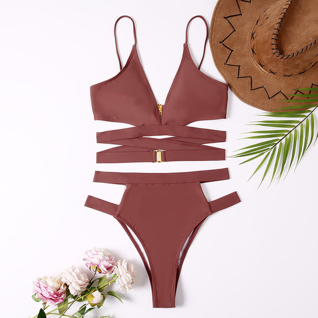 Riseado High Waist Women&#39;s Bikini Sexy Cut Out Swimsuit Solid Women Swimwear 2022 V-neck Bathing Suit Buckle Decor Biquinis Set