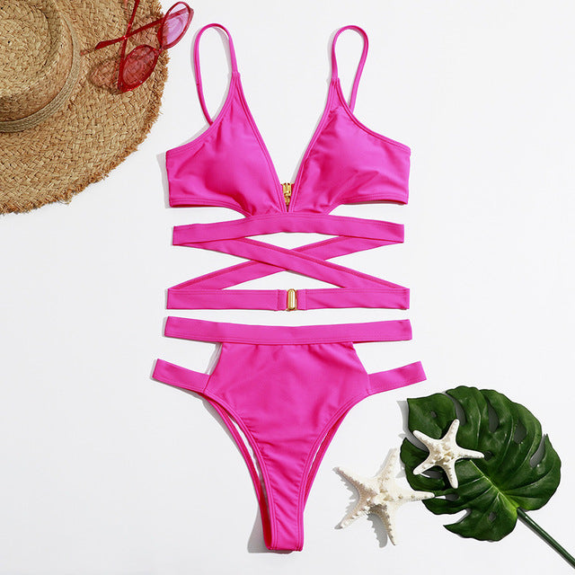 Riseado High Waist Women&#39;s Bikini Sexy Cut Out Swimsuit Solid Women Swimwear 2022 V-neck Bathing Suit Buckle Decor Biquinis Set