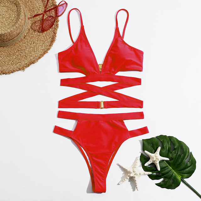 Riseado High Waist Women&#39;s Bikini Sexy Cut Out Swimsuit Solid Women Swimwear 2022 V-neck Bathing Suit Buckle Decor Biquinis Set