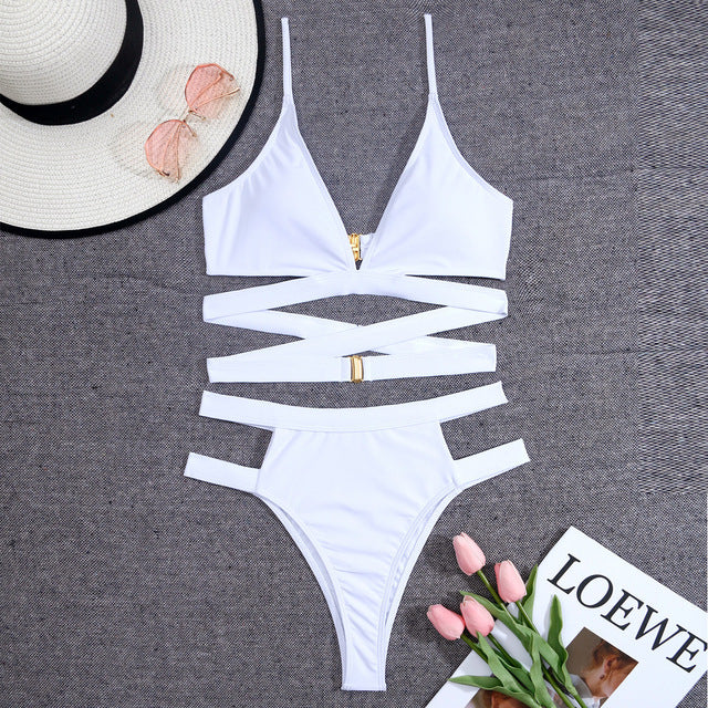 Riseado High Waist Women&#39;s Bikini Sexy Cut Out Swimsuit Solid Women Swimwear 2022 V-neck Bathing Suit Buckle Decor Biquinis Set